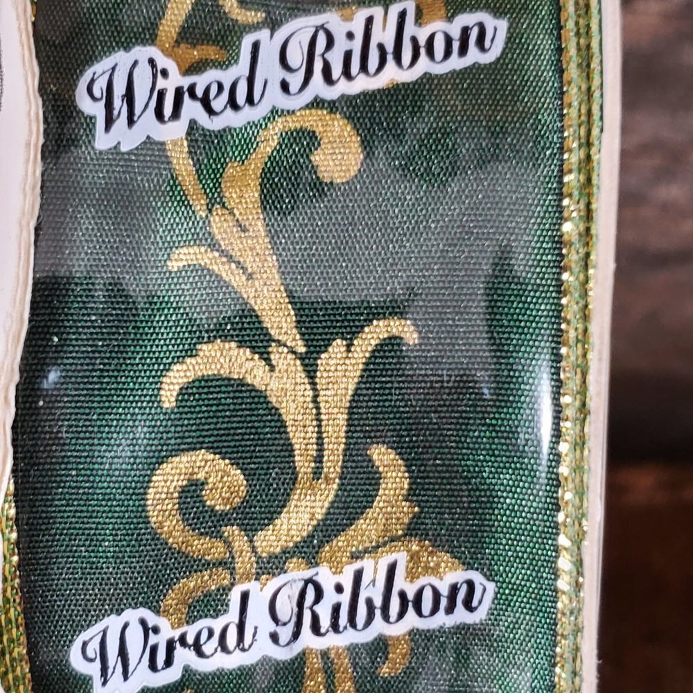 Vintage Offray Wired Victorian Scroll Ribbon - Satin - Green & Gold - 10 yards